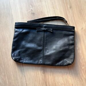 Black Leather Wristlet Clutch with Bow Detail